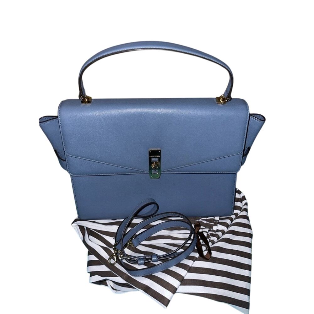 Henri Bendel Uptown Blue Leather Turnlock Flap Satchel Bag Preppy Luxury EUC OS